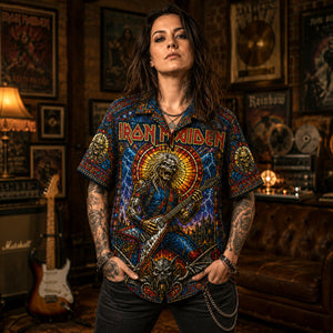 Iron Maiden Hawaiian Shirt, Powerslave Era Metal Button Up, Aces High Rock Fan Gift