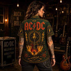 AC/DC Hawaiian Shirt, Back in Black Hard Rock Button Up, Hells Bells Music Fan Gift