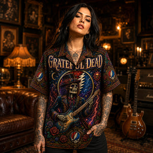 Grateful Dead Hawaiian Shirt, Skull and Roses Button Up, Psychedelic Concert Fan Gift