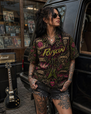 Poison Hawaiian Shirt, Open Up and Say Ahh Glam Button Up, Every Rose Has Its Thorn Fan Gift