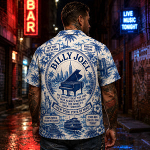 Billy Joel Toile De Jouy Hawaiian Shirt, Piano Man Pop Rock Button Up, New York Music Fan Gift