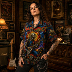 Iron Maiden Hawaiian Shirt, Powerslave Era Metal Button Up, Aces High Rock Fan Gift