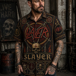 Slayer Stained Glass Hawaiian Shirt, Retro Concert Artwork Button Up, Rock Music Collector Gift