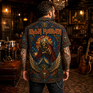 Iron Maiden Hawaiian Shirt, Powerslave Era Metal Button Up, Aces High Rock Fan Gift