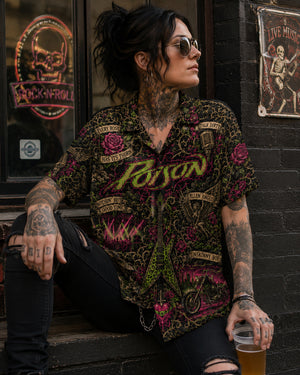 Poison Hawaiian Shirt, Open Up and Say Ahh Glam Button Up, Every Rose Has Its Thorn Fan Gift