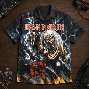 Iron Maiden The Number of the Beast Hawaiian Shirt, 1982 Heavy Metal Button Up, Bruce Dickinson Run to the Hills Era