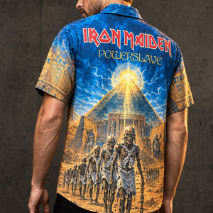 Iron Maiden Powerslave Hawaiian Shirt, 1984 Heavy Metal Button Up, Bruce Dickinson World Slavery Tour Era