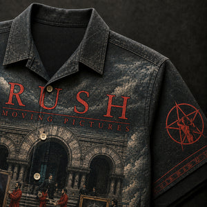 Rush Moving Pictures Hawaiian Shirt, 1981 Progressive Rock Button Up, Geddy Lee Tom Sawyer Era