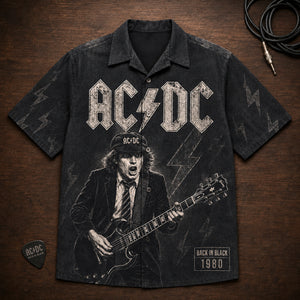 AC/DC Back in Black 1980 Hawaiian Shirt, Hard Rock Button Up, Brian Johnson Hells Bells Era