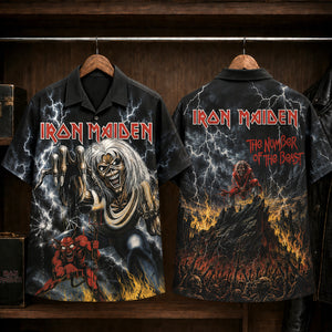 Iron Maiden The Number of the Beast Hawaiian Shirt, 1982 Heavy Metal Button Up, Bruce Dickinson Run to the Hills Era