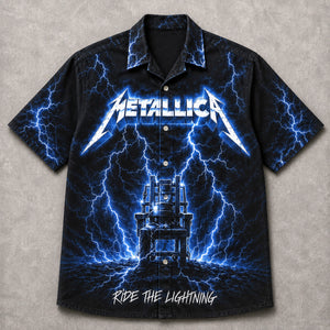 Metallica Ride the Lightning Hawaiian Shirt, 1984 Heavy Metal Button Up, Cliff Burton For Whom the Bell Tolls Era
