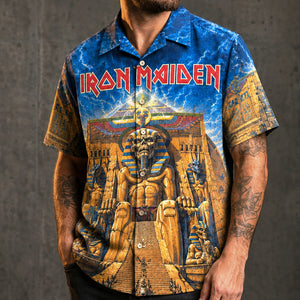 Iron Maiden Powerslave Hawaiian Shirt, 1984 Heavy Metal Button Up, Bruce Dickinson World Slavery Tour Era