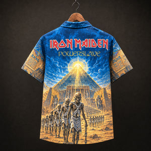 Iron Maiden Powerslave Hawaiian Shirt, 1984 Heavy Metal Button Up, Bruce Dickinson World Slavery Tour Era