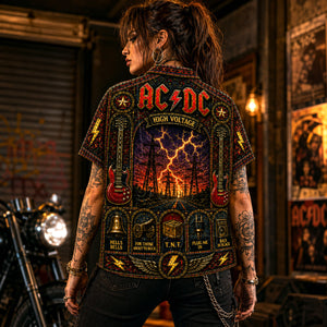 AC/DC High Voltage Stained Glass Hawaiian Shirt, Iconic Music Artwork Button Up, Rock Culture Fan Gift
