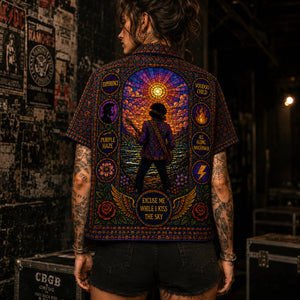 Jimi Hendrix Stained Glass Hawaiian Shirt, Voodoo Child Psychedelic Button Up, Purple Haze Guitar Fan Gift