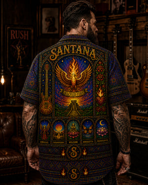 Santana Inspired Stained Glass Hawaiian Shirt, Abraxas Latin Rock Button Up, Black Magic Woman Fan Gift
