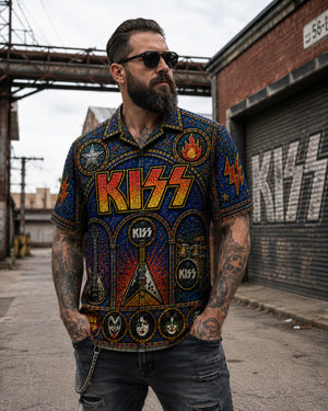 KISS Stainded Hawaiian Shirt, Destroyer Glam Rock Button Up, Detroit Rock City Fan Gift
