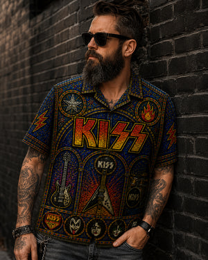 KISS Stainded Hawaiian Shirt, Destroyer Glam Rock Button Up, Detroit Rock City Fan Gift