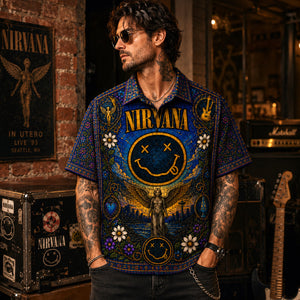 Nirvana Stained Glass Hawaiian Shirt, Nevermind Grunge Rock Button Up, Teen Spirit Music Fan Gift