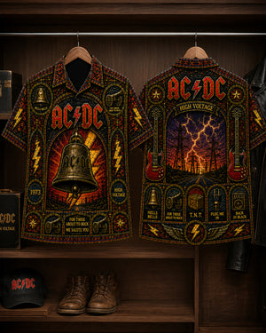 ACDC Stained Glass Hawaiian Shirt, Retro Concert Artwork Button Up, Rock Music Collector Gift