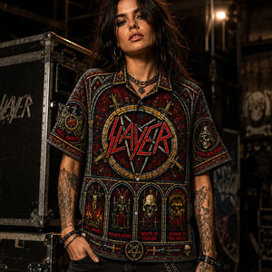 Slayer Hawaiian Shirt, Stage Ready Rock Button Up, Festival Music Collector Gift