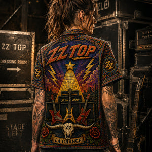 ZZ Top Stained Glass Hawaiian Shirt, Tres Hombres Texas Blues Button Up, Eliminator Hot Rod Rock Fan Gift