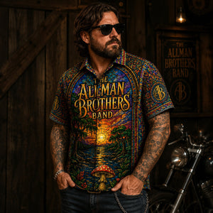 The Allman Brothers Band Sunset Stained Glass Hawaiian Shirt, Ramblin Man Southern Rock Button Up, Fillmore Jam Fan Gift