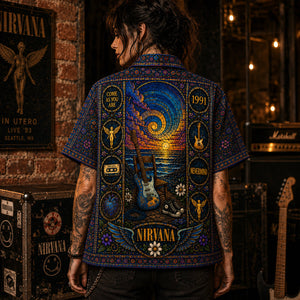 Nirvana Stained Glass Hawaiian Shirt, Nevermind Grunge Rock Button Up, Teen Spirit Music Fan Gift