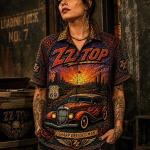 ZZ Top Stained Glass Hawaiian Shirt, Tres Hombres Texas Blues Button Up, Eliminator Hot Rod Rock Fan Gift