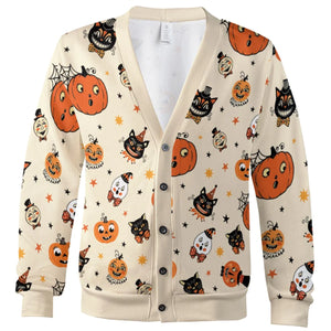 Vintage Halloween Cat Pumpkin Moon Spooky Traditional Owl Ghost Cardigan
