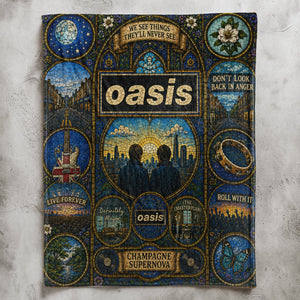 Oasis Band Sherpa Blanket Champagne Supernova Stained Glass Blanket