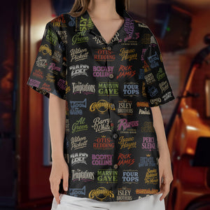 Soul And Funk Logos Hawaiian Shirt - Unisex Retro Motown Concert Black Summer Button Up