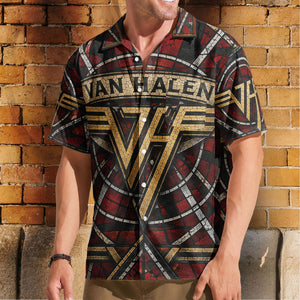Van Halen Hawaiian Shirt - Unisex Retro Winged VH Logo Cathedral Window Button Up
