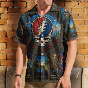 Grateful Dead Gothic Stained Glass Hawaiian Shirt - Unisex Retro Steal Your Face Stealie Skull Button Up