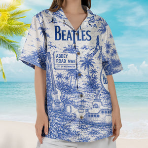 The Beatles Toile De Jouy Hawaiian Shirt - Unisex Vintage Abbey Road Submarine Blue Line Art Summer Button Up