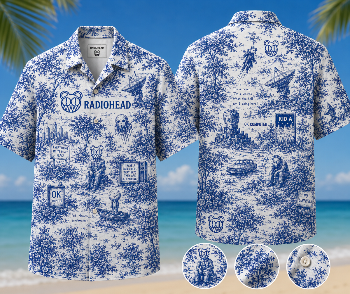 Radiohead Hawaiian Shirt - Unisex Modified Bear Blue White Porcelain Button Up