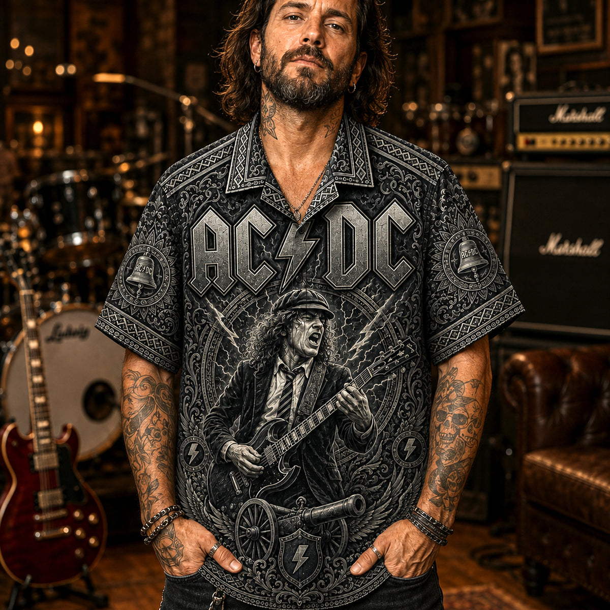 AC/DC Hawaiian Shirt, TNT Hard Rock Button Up, High Voltage Collector Gift