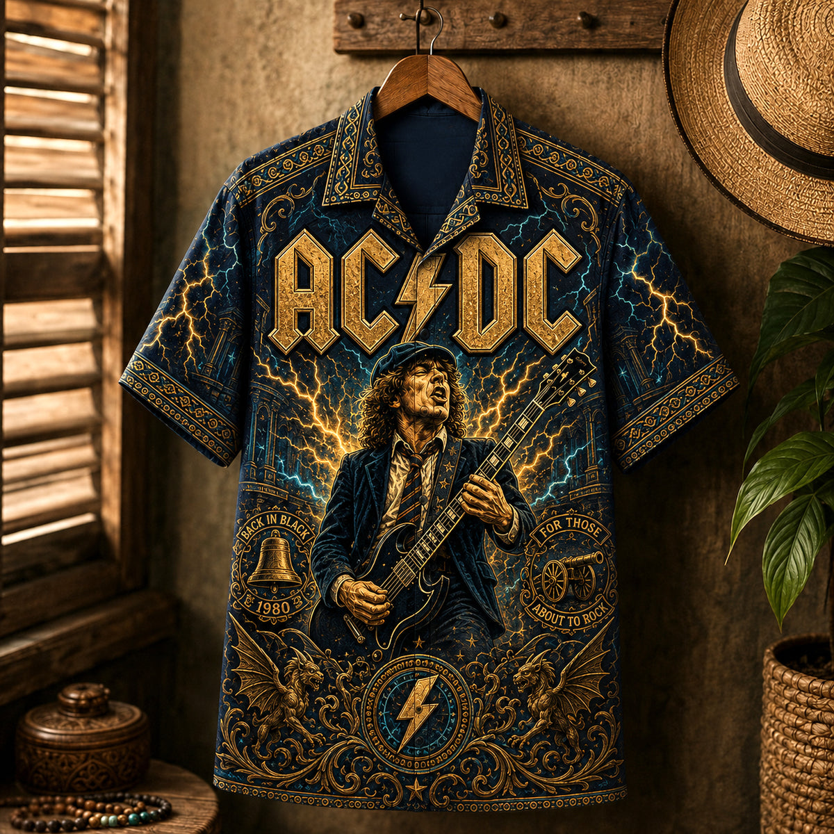AC/DC Hawaiian Shirt, Thunderstruck Hard Rock Button Up, Live Wire Fan Gift