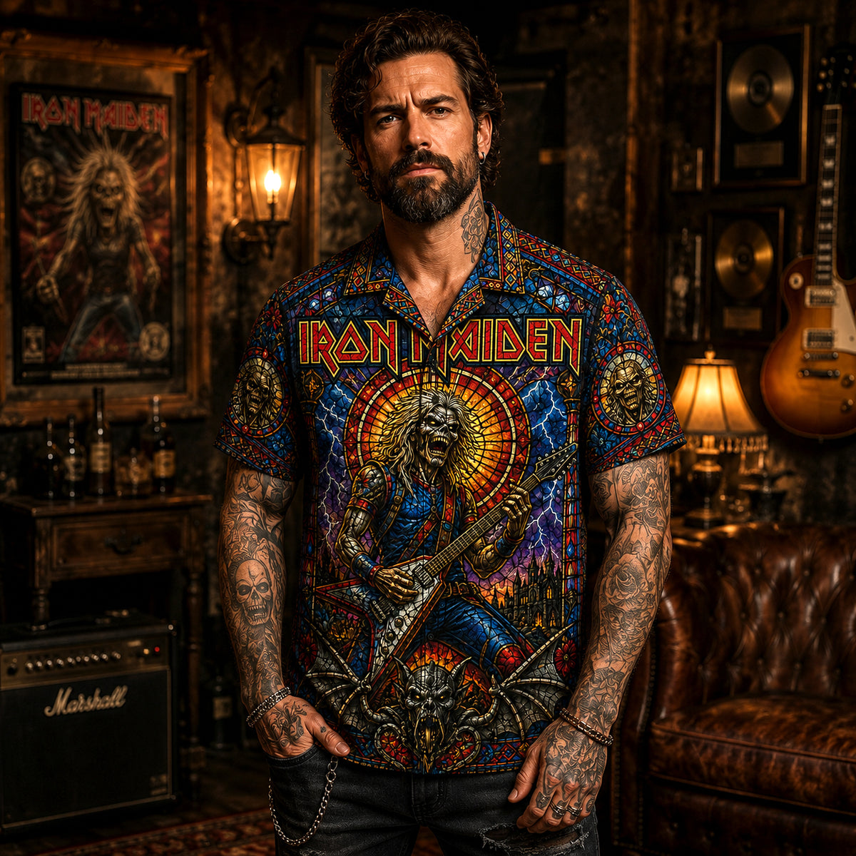 Iron Maiden Hawaiian Shirt, Powerslave Era Metal Button Up, Aces High Rock Fan Gift