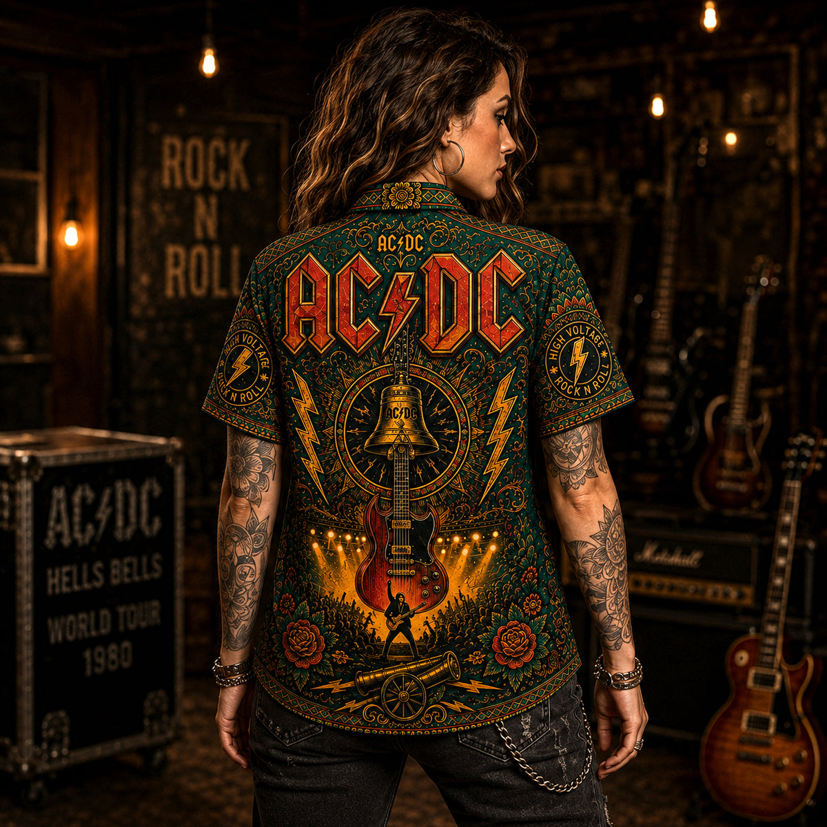 AC/DC Hawaiian Shirt, Back in Black Hard Rock Button Up, Hells Bells Music Fan Gift