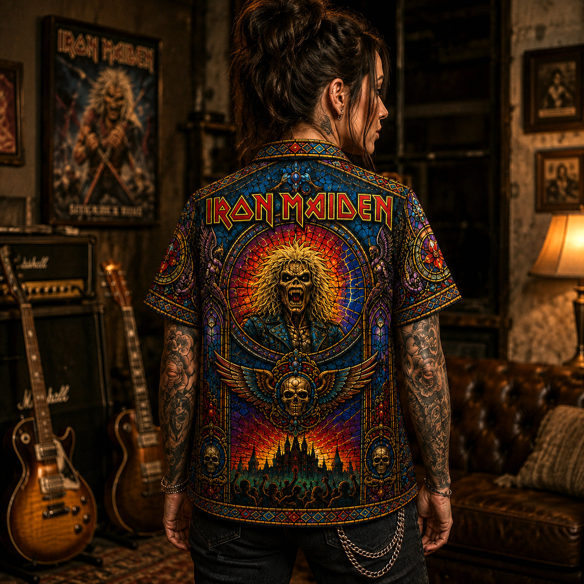 Iron Maiden Hawaiian Shirt, Eddie Mascot NWOBHM Button Up, The Trooper Metal Fan Gift