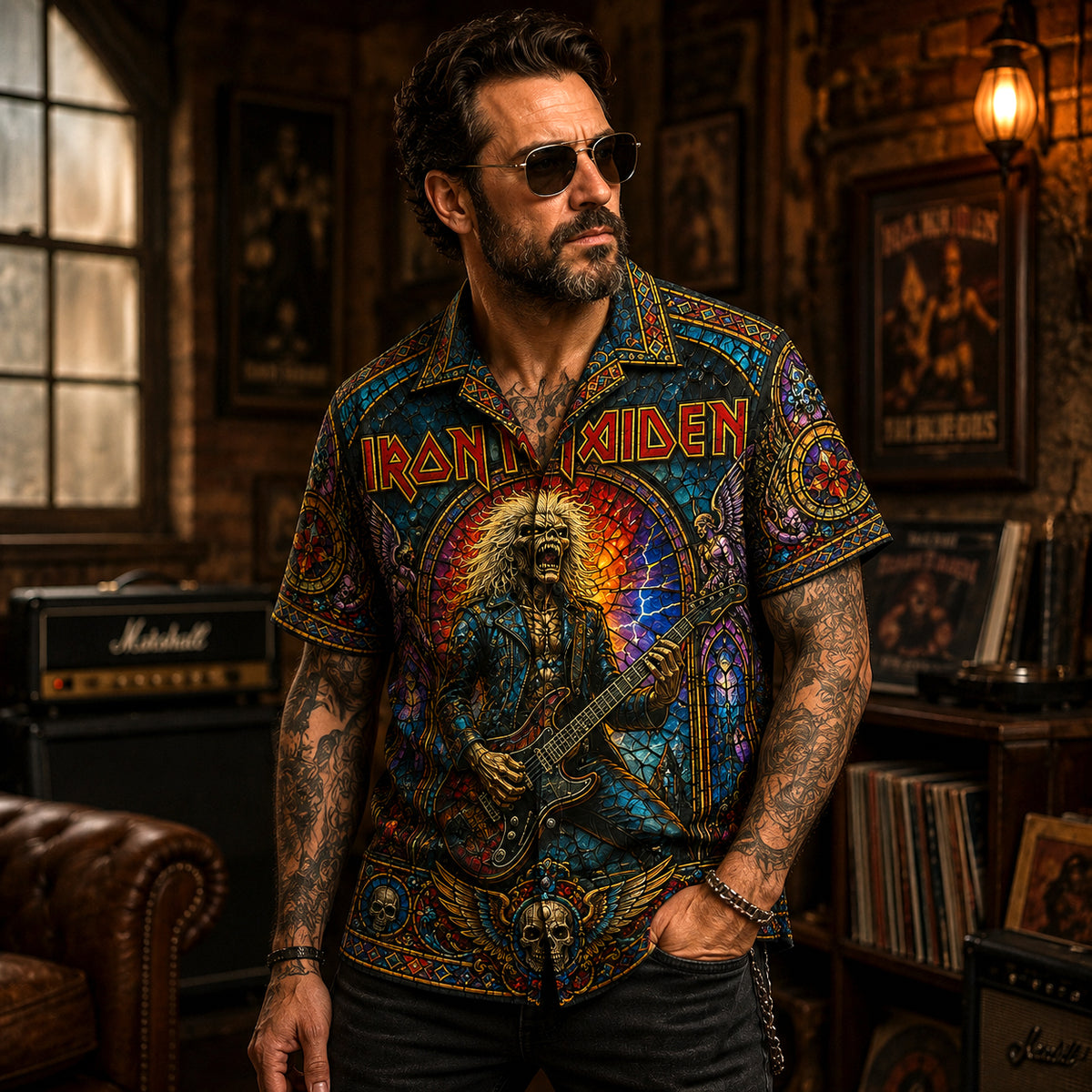 Iron Maiden Hawaiian Shirt, Eddie Mascot NWOBHM Button Up, The Trooper Metal Fan Gift
