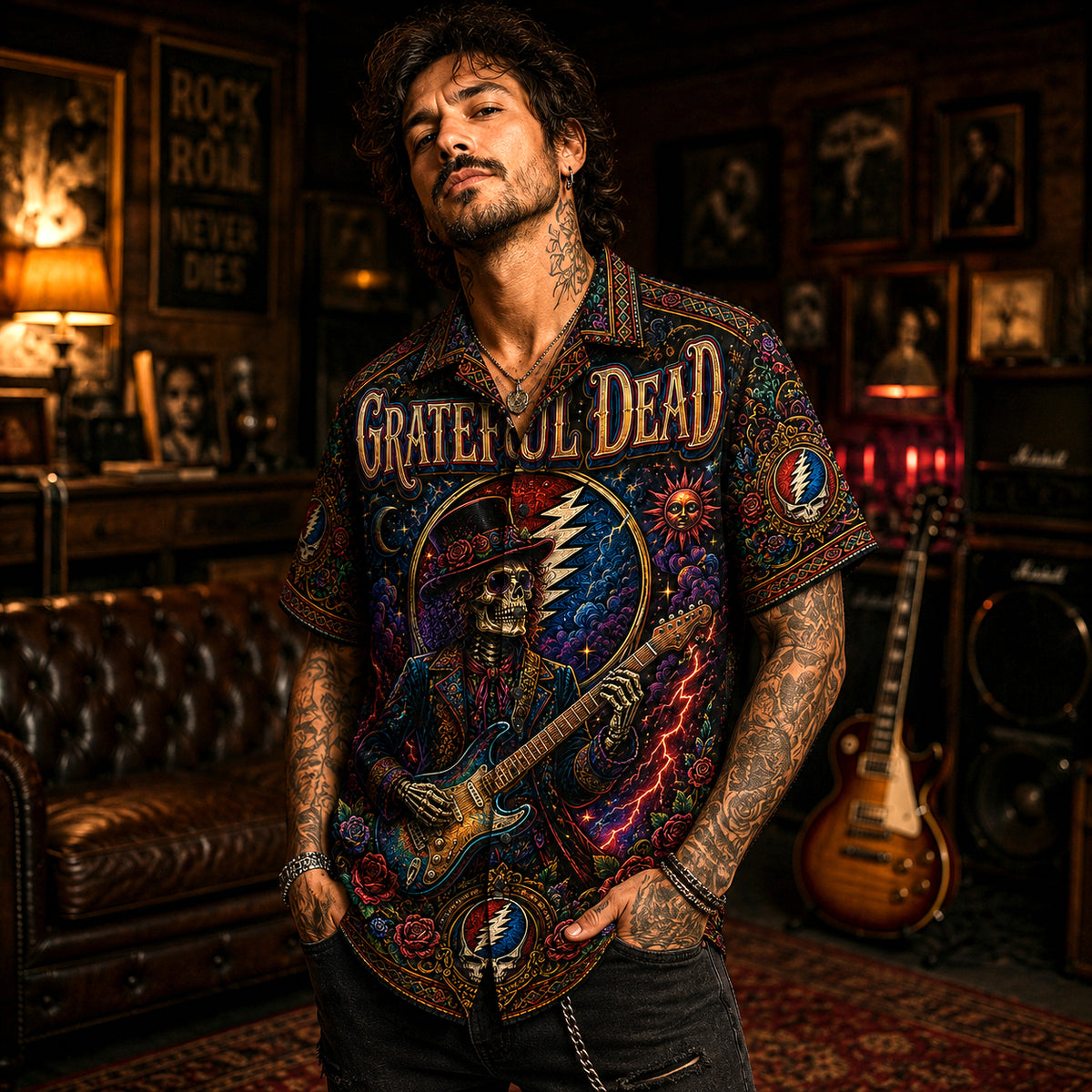 Grateful Dead Hawaiian Shirt, Skull and Roses Button Up, Psychedelic Concert Fan Gift