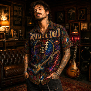 Grateful Dead Hawaiian Shirt, Skull and Roses Button Up, Psychedelic Concert Fan Gift