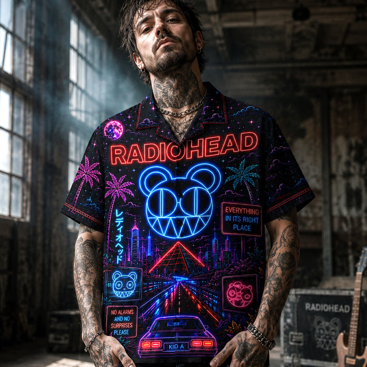 Radiohead Neon Hawaiian Shirt, OK Computer Alternative Rock Button Up, Kid A Music Collector Gift