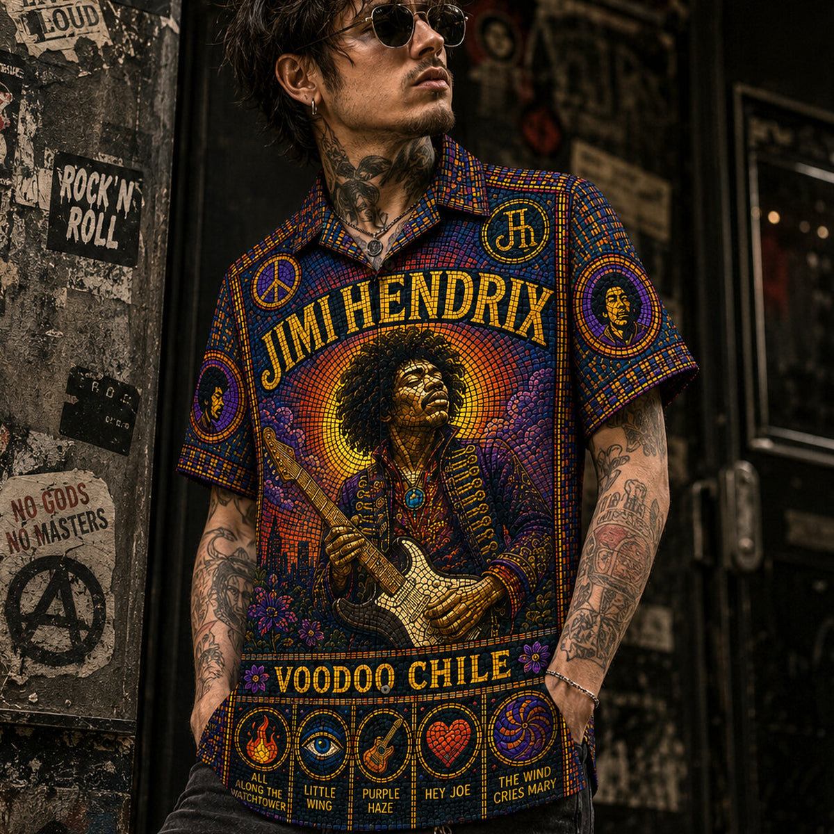 Jimi Hendrix Voodoo Chile Hawaiian Shirt, Voodoo Child Psychedelic Button Up, Purple Haze Guitar Fan Gift