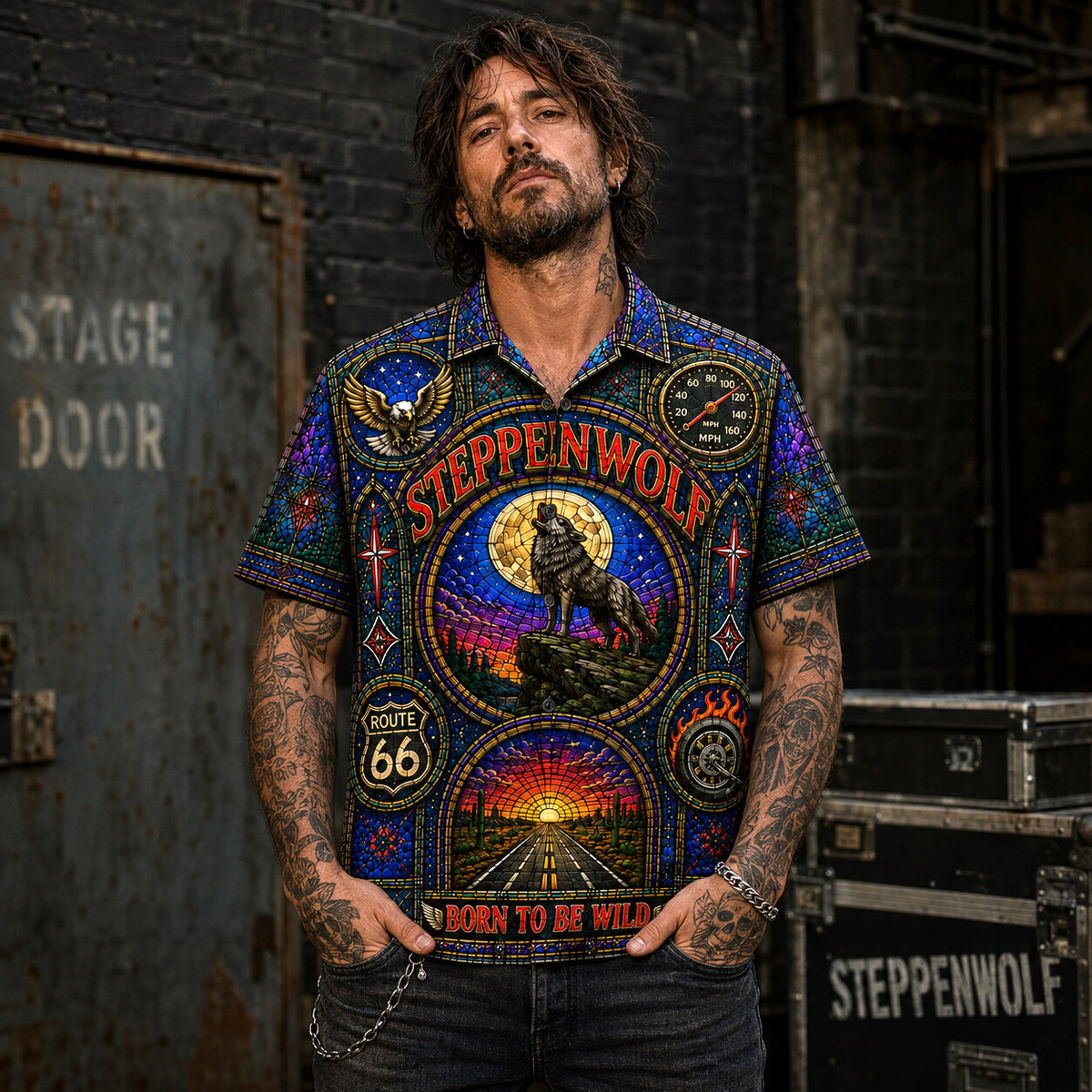 Steppenwolf Inspired Stained Glass Hawaiian Shirt, Born to Be Wild Rock Button Up, Magic Carpet Ride Fan Gift