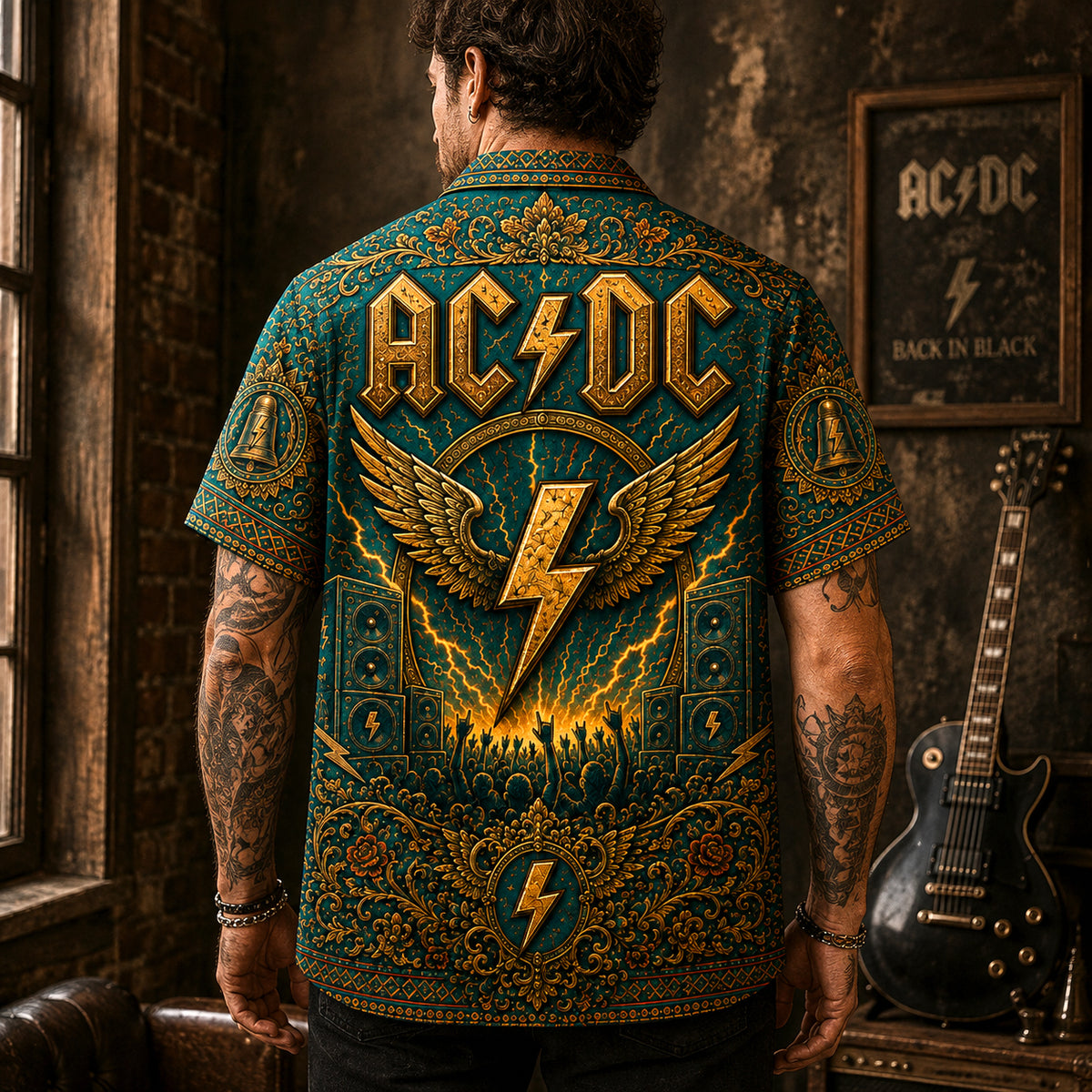 AC/DC Hawaiian Shirt, Hells Bells Button Up, Back in Black Music Fan Gift