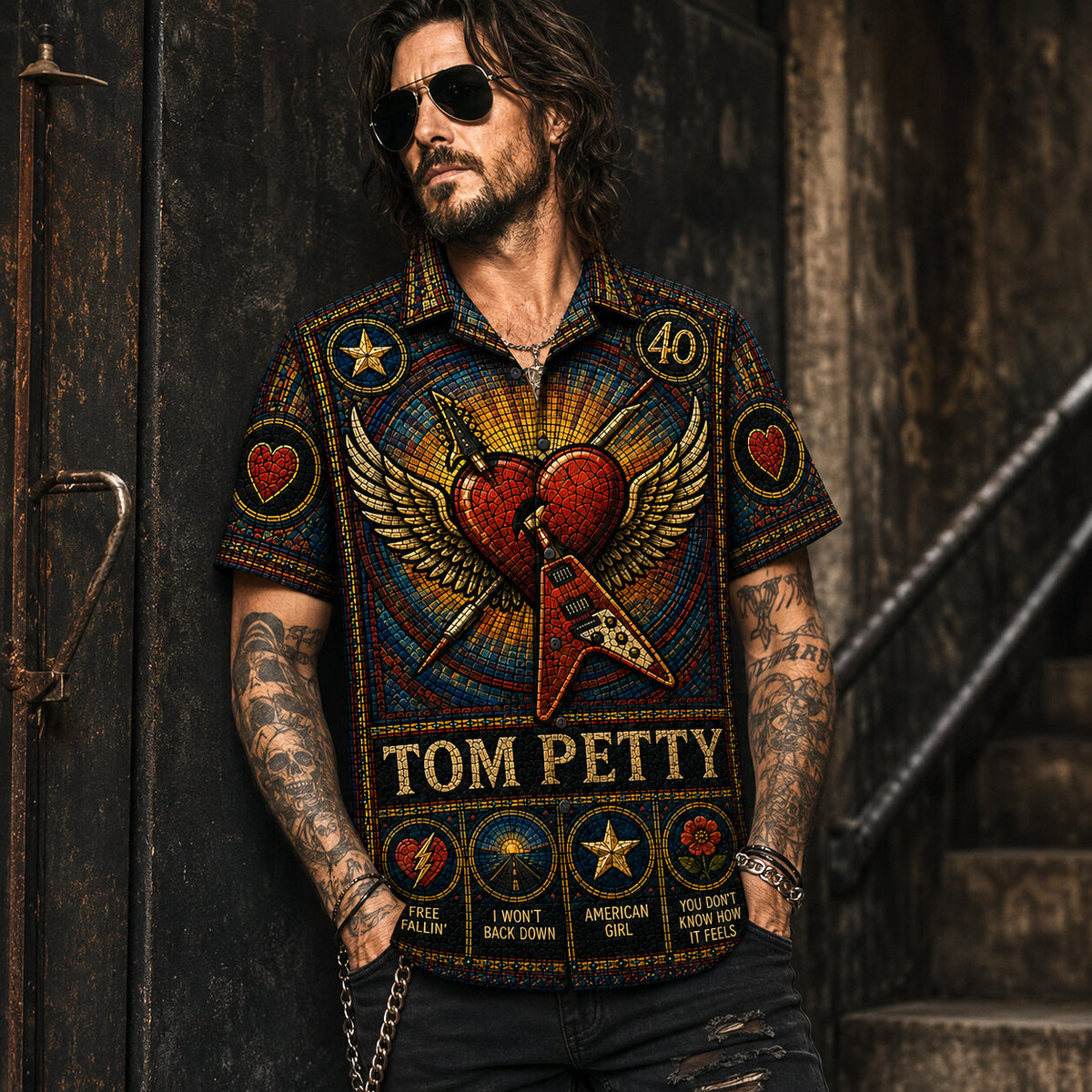 Tom Petty Stained Glass Hawaiian Shirt, Retro Concert Artwork Button Up, Rock Music Collector Gift