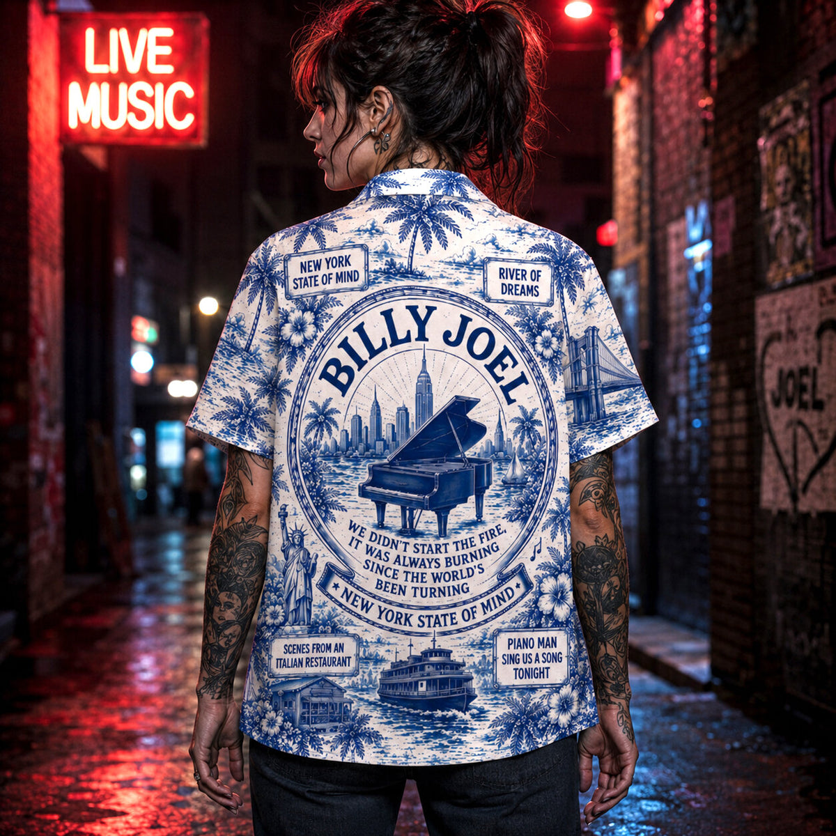 Billy Joel Toile De Jouy Hawaiian Shirt, Piano Man Pop Rock Button Up, New York Music Fan Gift
